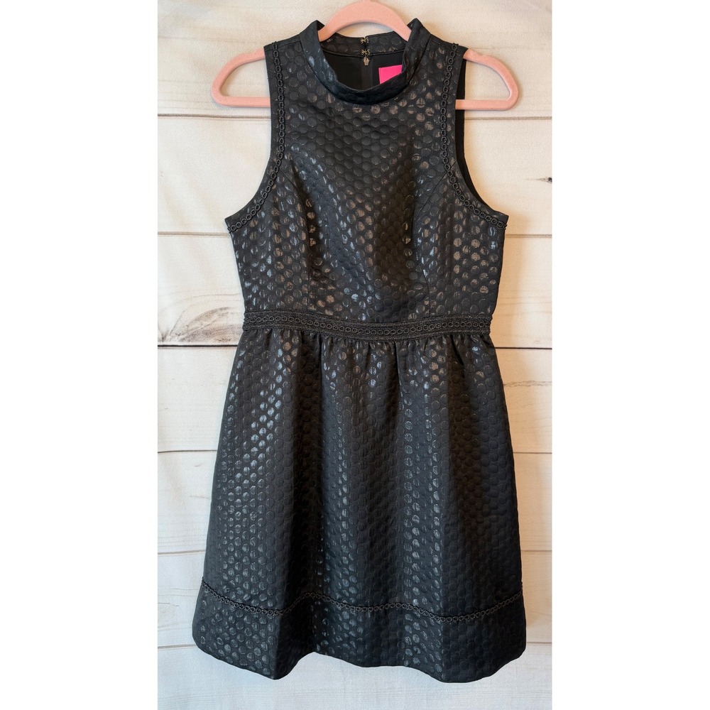 Lilly Pulitzer Black Metallic Jacquard Mock Neck Dress Crochet Trim Size 6